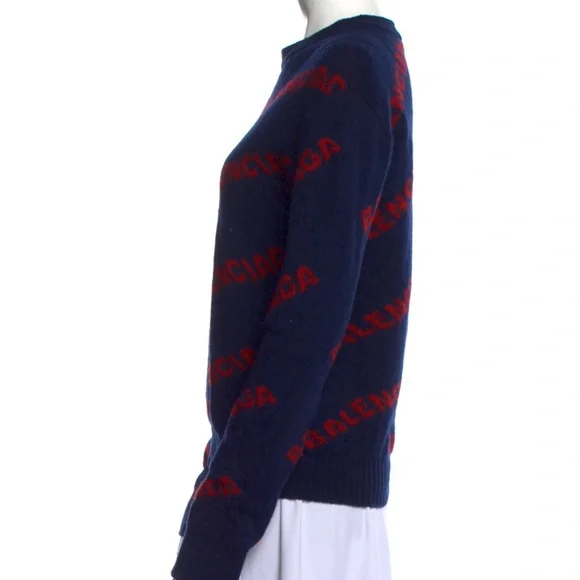 Balenciaga Blue and Red Crew Neck Sweater with Diagonal Stripes